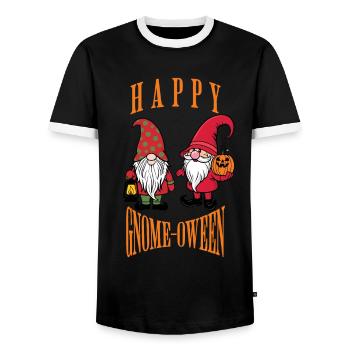 Happy Gnome-Oween Funny Halloween Saying - Men's Ringer Shirt - black/white - Front - AI Model Female 172 light (172cm) & AI Model Male 178 light (178cm)