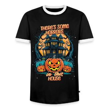 There's Some Horrors In This House Saying - Men's Ringer Shirt - black/white - Front - AI Model Female 172 light (172cm) & AI Model Male 178 light (178cm)