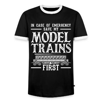 In case of emergency, save my model trains first - Men's Ringer Shirt - black/white - Front - AI Model Female 172 light (172cm) & AI Model Male 178 light (178cm)