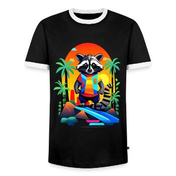 Retro Raccoon in Tropical Sunset - Men's Ringer Shirt - black/white - Front - AI Model Female 172 light (172cm) & AI Model Male 178 light (178cm)