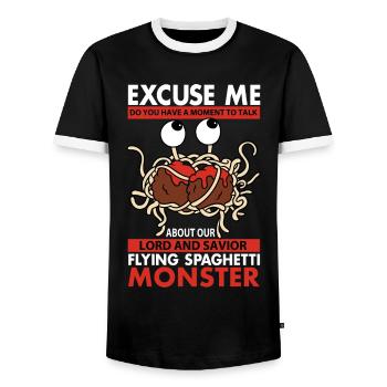 Fliegendes Spaghettimonster FSM - Männer Kontrast-T-Shirt - Schwarz/Weiß - Vorne - AI Model Female 172 light (172cm) & AI Model Male 178 light (178cm)