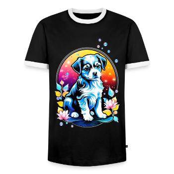 Cute puppy with lotus flowers - Men's Ringer Shirt - black/white - Front - AI Model Female 172 light (172cm) & AI Model Male 178 light (178cm)