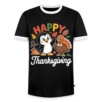 Joyeux thanksgiving pingouin avec dinde - T-shirt contrasté Homme - noir/blanc - Devant - AI Model Female 172 light (172cm) & AI Model Male 178 light (178cm)