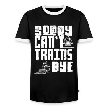 Sorry Can’t Trains Bye Eisenbahn Spruch - Männer Kontrast-T-Shirt - Schwarz/Weiß - Vorne - AI Model Female 172 light (172cm) & AI Model Male 178 light (178cm)