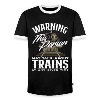 Warning: This person can be contacted at any time via trains - Men's Ringer Shirt - black/white - Front - AI Model Female 172 light (172cm) & AI Model Male 178 light (178cm)