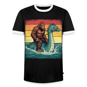 Bigfoot Rides Loch Ness Monster Nessie - Men's Ringer Shirt - black/white - Front - AI Model Female 172 light (172cm) & AI Model Male 178 light (178cm)