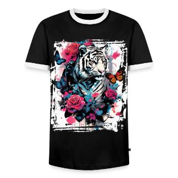 Majestic tiger with butterflies and roses - Men's Ringer Shirt - black/white - Front - AI Model Female 172 light (172cm) & AI Model Male 178 light (178cm)