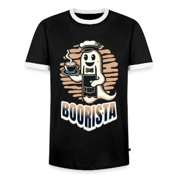 Boorista Funny Coffee Saying Halloween - Men's Ringer Shirt - black/white - Front - AI Model Female 172 light (172cm) & AI Model Male 178 light (178cm)