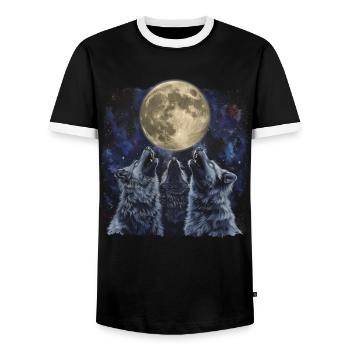 Keeshond Dog Howling Moon - Men's Ringer Shirt - black/white - Front - AI Model Female 172 light (172cm) & AI Model Male 178 light (178cm)