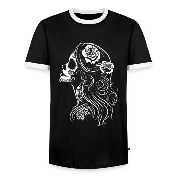 La Catrina Skull Side View with Roses - Men's Ringer Shirt - black/white - Front - AI Model Female 172 light (172cm) & AI Model Male 178 light (178cm)