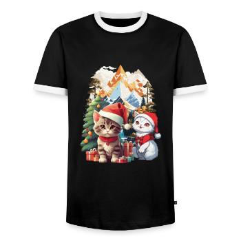 Cats Santa Santa Christmas Presents Child - Men's Ringer Shirt - black/white - Front - AI Model Female 172 light (172cm) & AI Model Male 178 light (178cm)