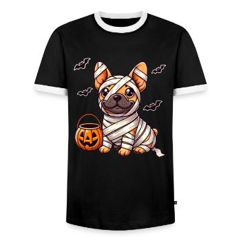 French Bulldog Halloween Mummy Cute - Men's Ringer Shirt - black/white - Front - AI Model Female 172 light (172cm) & AI Model Male 178 light (178cm)