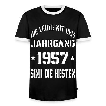 Die Leute mit dem Jahrgang 1957 - Männer Kontrast-T-Shirt - Schwarz/Weiß - Vorne - AI Model Female 172 light (172cm) & AI Model Male 178 light (178cm)