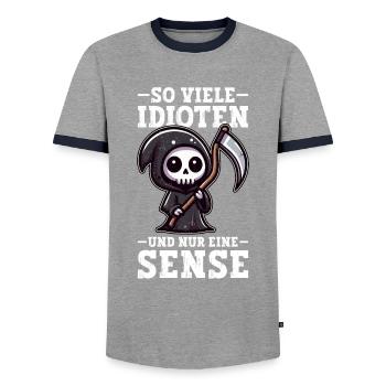 So many idiots and just a scythe of sarcasm - Men's Ringer Shirt - grey/navy  - Front - AI Model Female 172 light (172cm) & AI Model Male 178 light (178cm)