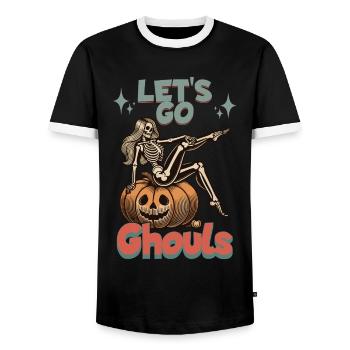 Funny Halloween Girl Let's Go Ghouls - Men's Ringer Shirt - black/white - Front - AI Model Female 172 light (172cm) & AI Model Male 178 light (178cm)