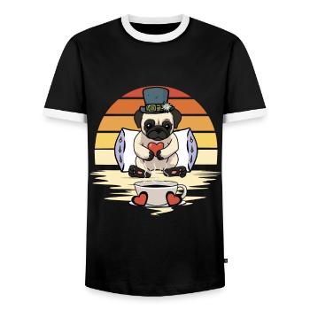 Pug Dog Dogs Good Morning Coffee - Men's Ringer Shirt - black/white - Front - AI Model Female 172 light (172cm) & AI Model Male 178 light (178cm)