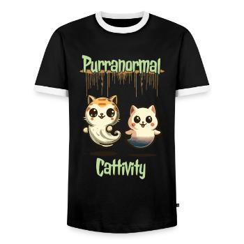 Tenue drôle d’Halloween avec des chats fantômes mignons - T-shirt contrasté Homme - noir/blanc - Devant - AI Model Female 172 light (172cm) & AI Model Male 178 light (178cm)
