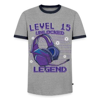 15th Birthday - 15 Years Gamer Level 15 unlocked - Men's Ringer Shirt - grey/navy  - Front - AI Model Female 172 light (172cm) & AI Model Male 178 light (178cm)