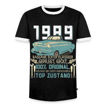 Voiture de collection 1989 Année 1989 35e anniversaire 1989 - T-shirt contrasté Homme - noir/blanc - Devant - AI Model Female 172 light (172cm) & AI Model Male 178 light (178cm)