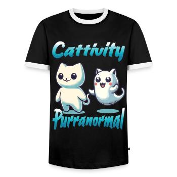 Tenue drôle d’Halloween avec des chats fantômes mignons - T-shirt contrasté Homme - noir/blanc - Devant - AI Model Female 172 light (172cm) & AI Model Male 178 light (178cm)
