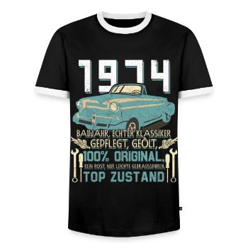 Vintage Car Year 1974 Vintage Birthday Gift - Men's Ringer Shirt - black/white - Front - AI Model Female 172 light (172cm) & AI Model Male 178 light (178cm)