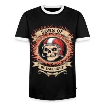 Sons Of Düsseldorf Skull And Flames - Men's Ringer Shirt - black/white - Front - AI Model Female 172 light (172cm) & AI Model Male 178 light (178cm)