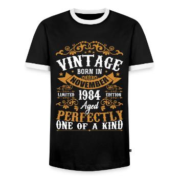 Vintage November 1984 Anniversary November 1984 - Men's Ringer Shirt - black/white - Front - AI Model Female 172 light (172cm) & AI Model Male 178 light (178cm)