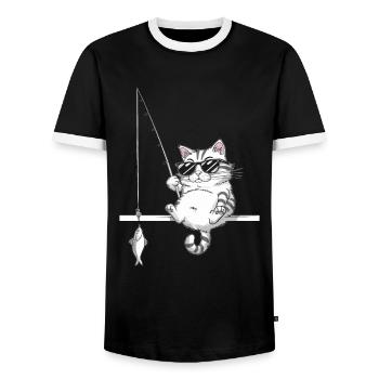 Cat with sunglasses fishing - Men's Ringer Shirt - black/white - Front - AI Model Female 172 light (172cm) & AI Model Male 178 light (178cm)