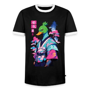 Samurai Duck in Aesthetic Vaporwave Style - Men's Ringer Shirt - black/white - Front - AI Model Female 172 light (172cm) & AI Model Male 178 light (178cm)