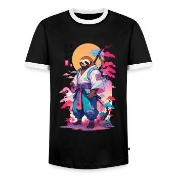 Samurai Sloth Aesthetic Vaporwave Style - Men's Ringer Shirt - black/white - Front - AI Model Female 172 light (172cm) & AI Model Male 178 light (178cm)