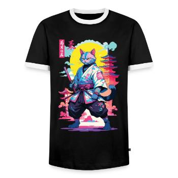 Conception esthétique Samurai Cat Vaporwave - T-shirt contrasté Homme - noir/blanc - Devant - AI Model Female 172 light (172cm) & AI Model Male 178 light (178cm)