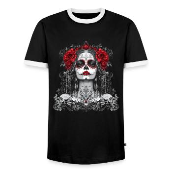 Gothic Catrina with Roses for Dia de los Muertos - Men's Ringer Shirt - black/white - Front - AI Model Female 172 light (172cm) & AI Model Male 178 light (178cm)