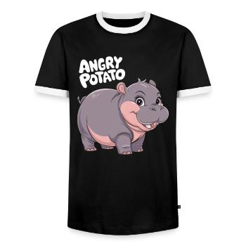 Moo Deng Angry Potato Hippo Illustration - Men's Ringer Shirt - black/white - Front - AI Model Female 172 light (172cm) & AI Model Male 178 light (178cm)