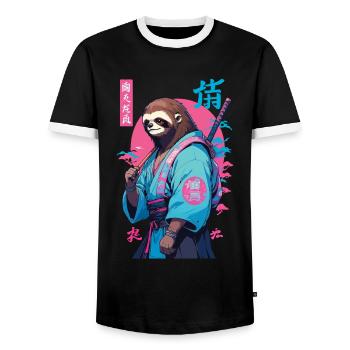 Samurai Sloth Aesthetic Vaporwave Style - Men's Ringer Shirt - black/white - Front - AI Model Female 172 light (172cm) & AI Model Male 178 light (178cm)