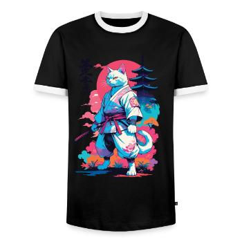 Samurai Cat Vaporwave Aesthetic Japan Art - Men's Ringer Shirt - black/white - Front - AI Model Female 172 light (172cm) & AI Model Male 178 light (178cm)