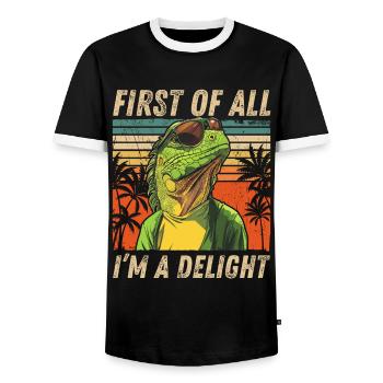 Retro Iguana Sunset Funny Sarcastic Design - Men's Ringer Shirt - black/white - Front - AI Model Female 172 light (172cm) & AI Model Male 178 light (178cm)