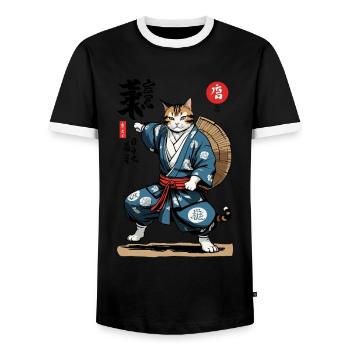 Samurai Katze Vintage Ukiyo-E Asiatischer Stil - Männer Kontrast-T-Shirt - Schwarz/Weiß - Vorne - AI Model Female 172 light (172cm) & AI Model Male 178 light (178cm)