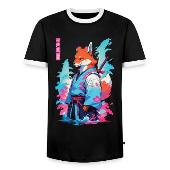 Kitsune Samurai Fox Aesthetic Vaporwave Style - Men's Ringer Shirt - black/white - Front - AI Model Female 172 light (172cm) & AI Model Male 178 light (178cm)