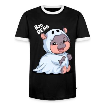 Cute Boo Deng Hippo in Ghost Costume - Men's Ringer Shirt - black/white - Front - AI Model Female 172 light (172cm) & AI Model Male 178 light (178cm)