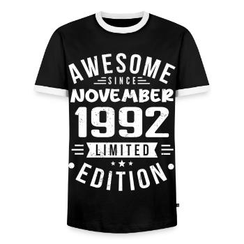 November 1992 Geschenkidee Legende November 1992 - Männer Kontrast-T-Shirt - Schwarz/Weiß - Vorne - AI Model Female 172 light (172cm) & AI Model Male 178 light (178cm)