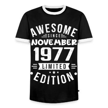 November 1977 Gift Idea Legend November 1977 - Men's Ringer Shirt - black/white - Front - AI Model Female 172 light (172cm) & AI Model Male 178 light (178cm)
