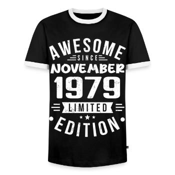 November 1979 Geschenkidee Legende November 1979 - Männer Kontrast-T-Shirt - Schwarz/Weiß - Vorne - AI Model Female 172 light (172cm) & AI Model Male 178 light (178cm)