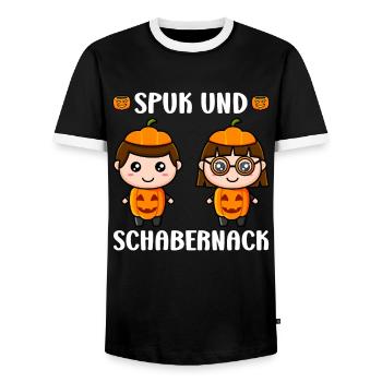 Halloween Kostüm SPUK UND SCHABERNACK Lustiges - Männer Kontrast-T-Shirt - Schwarz/Weiß - Vorne - AI Model Female 172 light (172cm) & AI Model Male 178 light (178cm)