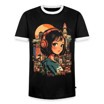 Anime Girl Japan - Men's Ringer Shirt - black/white - Front - AI Model Female 172 light (172cm) & AI Model Male 178 light (178cm)