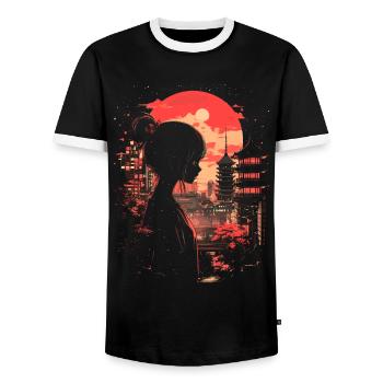 Fille d’Anime Japon - T-shirt contrasté Homme - noir/blanc - Devant - AI Model Female 172 light (172cm) & AI Model Male 178 light (178cm)