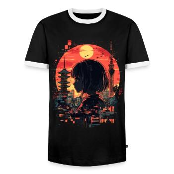 Anime Girl Japan - Men's Ringer Shirt - black/white - Front - AI Model Female 172 light (172cm) & AI Model Male 178 light (178cm)