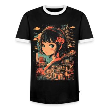 Anime Girl Japan - Men's Ringer Shirt - black/white - Front - AI Model Female 172 light (172cm) & AI Model Male 178 light (178cm)