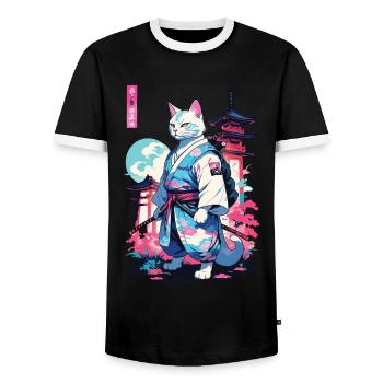 Samurai Katze Vaporwave Aesthetic Japan Style - Männer Kontrast-T-Shirt - Schwarz/Weiß - Vorne - AI Model Female 172 light (172cm) & AI Model Male 178 light (178cm)