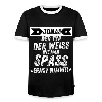 Jonas Spaß Ernst Humor Geschenk für Männer Party - Männer Kontrast-T-Shirt - Schwarz/Weiß - Vorne - AI Model Female 172 light (172cm) & AI Model Male 178 light (178cm)