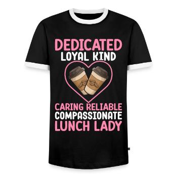 Cafeteria-Mitarbeiterin Engagierte, loyale, freund - Männer Kontrast-T-Shirt - Schwarz/Weiß - Vorne - AI Model Female 172 light (172cm) & AI Model Male 178 light (178cm)